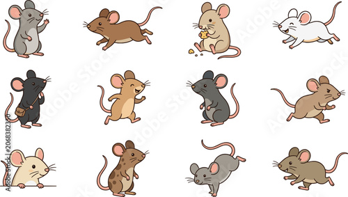 Billede på lærred Cute cartoon mouse characters collection with various poses, adorable rodent vec