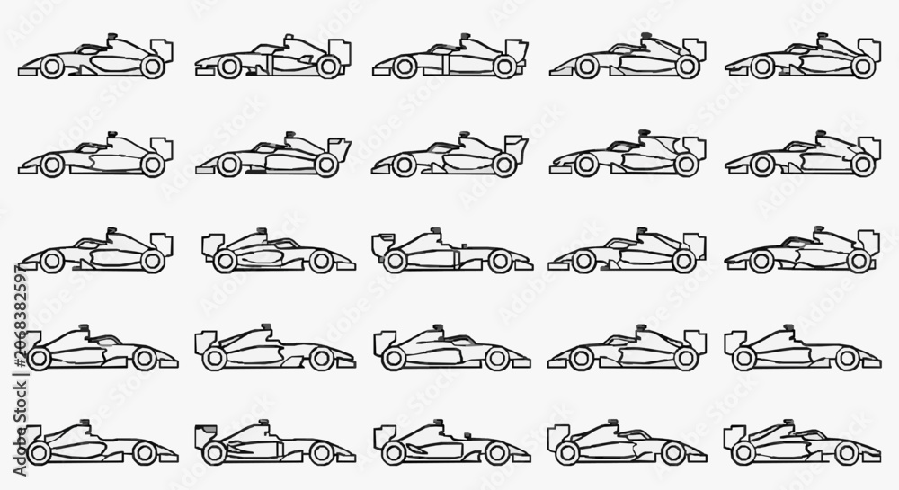 Naklejka premium Clean Line Drawing Analysis of Classic and Modern Formula One Racing Car Designs Evolution with high professional line art symbols for modern creative design and digital branding projects