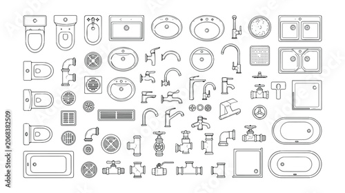 Foto Minimalist plumbing icons set, bathroom fixtures and kitchen sink line art, arch