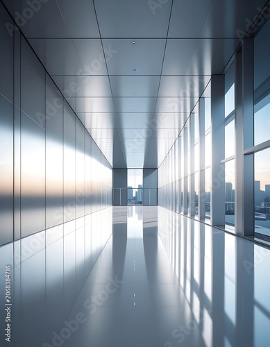 Modern office interior with reflective floor.