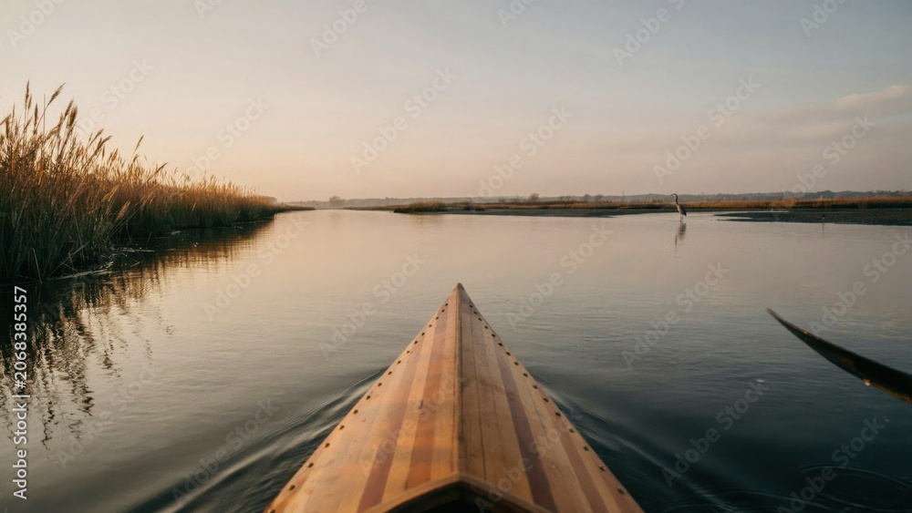 Obraz premium Wooden boat bow gliding on calm river at golden hour