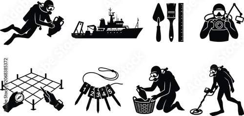 Foto Underwater Archaeology and Marine Survey Silhouette Icon Set with Diving Researc