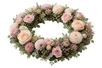Elegant Floral Wreath with Pink Roses and Dahlias Isolated on White.
