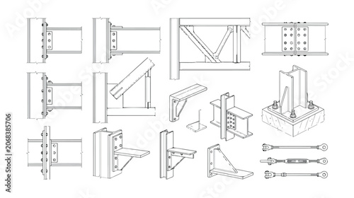 Fotografie Structural steel connection details vector set, industrial metal beam joints and