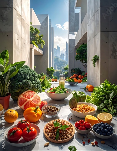 Fresh produce on urban rooftop garden table.