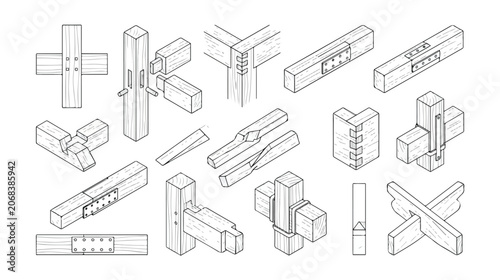 Obraz na plátně Traditional Japanese wood joinery set, isometric timber connection vector icons,