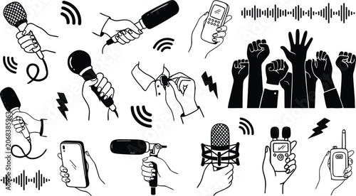 Hands holding microphones vector illustration set with line art icons of journalistic reporting press conference audio recording smartphone podcast and sound waves