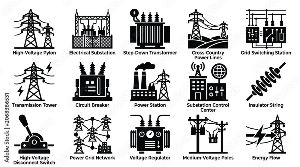 Obraz premium Power grid electrical system black icons set.