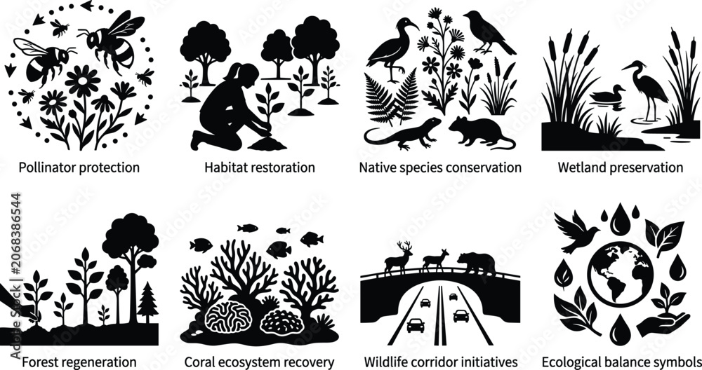 Fototapeta premium Environmental Conservation Silhouette Collection Featuring Pollinator Protection Habitat Restoration and Wildlife Preservation Icons