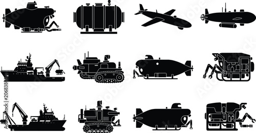 Fotografía Deep Sea Exploration Vehicles and Marine Research Equipment Silhouette Vector Co