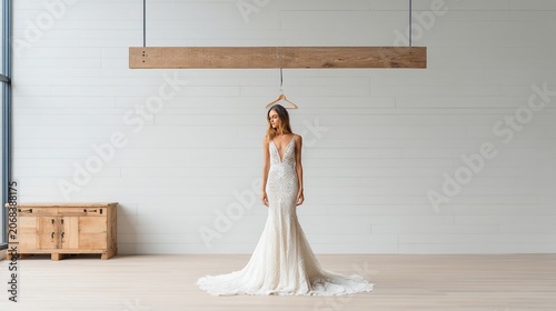 Elegant bride in a white mermaid gown, posing in a bright, minimalist setting