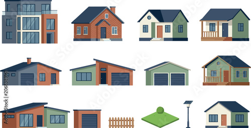 Obraz na płótnie Modern Residential House and Cottage Facades Vector Set Featuring Contemporary A