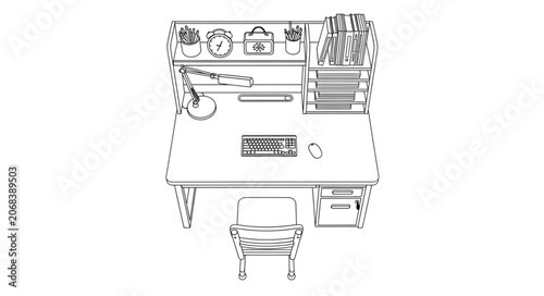 Top view of a clean and organized home office desk setup.