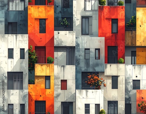 Vibrant colorful modern apartment building facade.