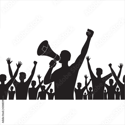 Silhouettes of a crowd of people celebrating and dancing with a megaphone at a lively concert party event
