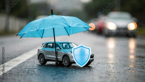 Car insurance concept with toy vehicle under blue umbrella and shield