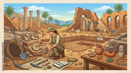 Foto Desert landscape with palm trees, ancient architecture and a boat in the sand