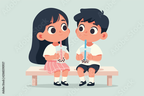 Happy Kids Enjoying Boba Vector