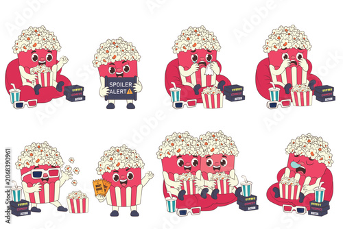 Cute popcorn movie vector mascot set in flat comic style with 3D glasses, ticket, and soda drink for cinema theatre entertainment concept isolated on white background.