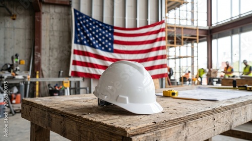 White Safety Hard Hat on Wooden Workbench with American Flag Background