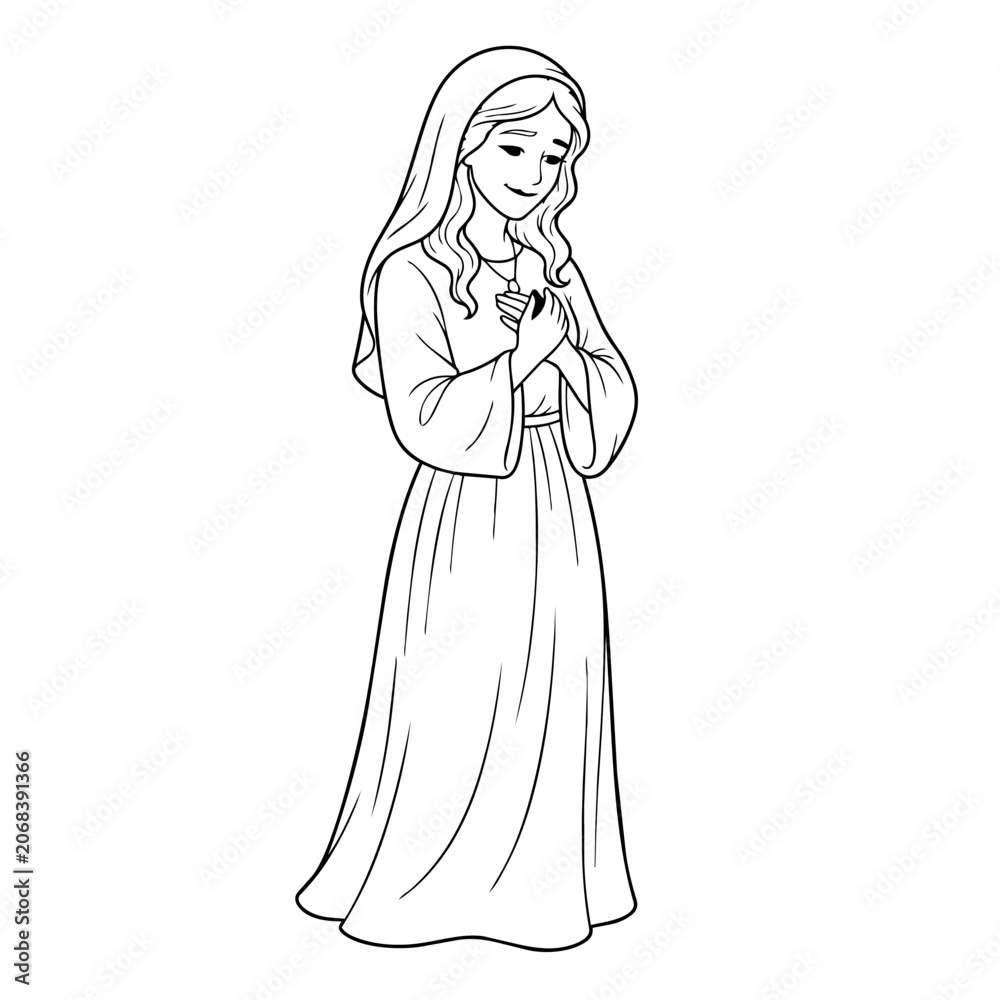 Fototapeta premium Virgin Mary illustration, praying, holding rose, serene, religious figure, line art