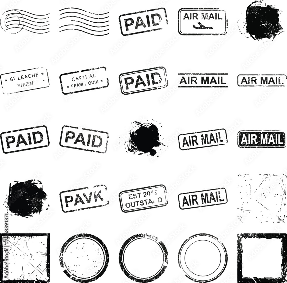 Obraz premium Various Postage Stamps and Postmarks Collection: A compilation of diverse postage stamps, postmarks, ink splatters, and textured elements.