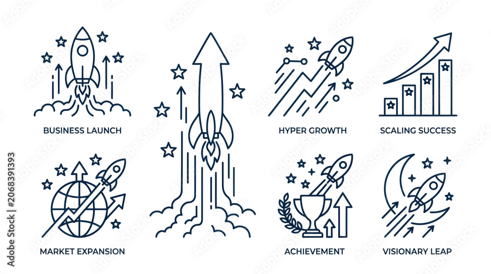 Fototapeta premium Rocket launch icons for business growth and market expansion.