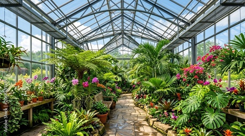 Lush Green Greenhouse Interior with Varieties of Potted Plants and Ferns