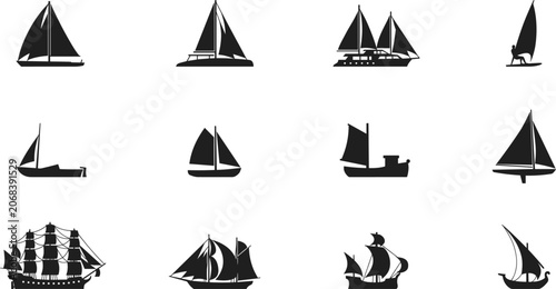 Foto Hand drawn sailing boat silhouettes vector illustration set featuring various ya