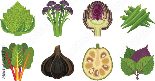 Foto Flat Vector Illustration of Assorted Organic Green Vegetables, Herbs, and Exotic