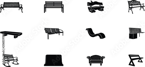 Bild auf Leinwand City park bench silhouettes vector illustration set featuring wooden garden benc