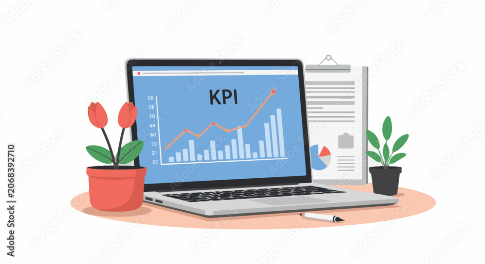 Fototapeta premium A laptop displays a KPI graph on its screen, surrounded by plants and office supplies