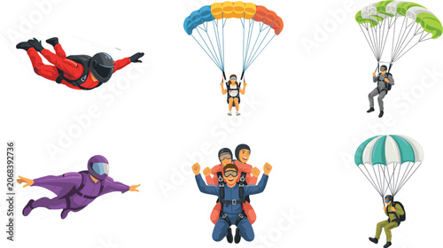 Photos Skydiving and parachuting vector illustration set with flat characters of skydiv