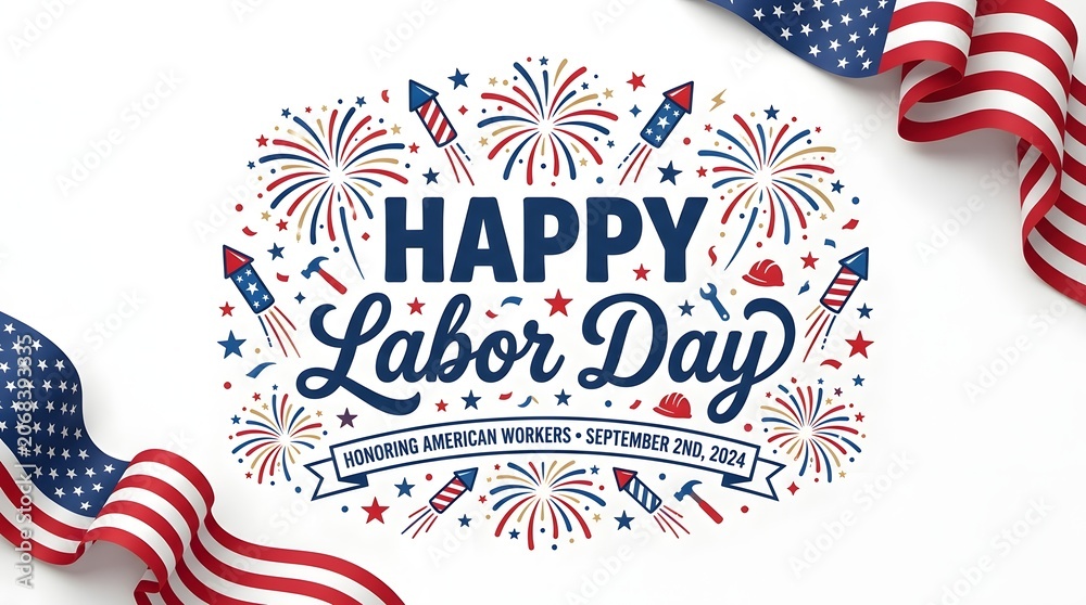 Obraz premium Happy labor day banner with flags isolated on white background