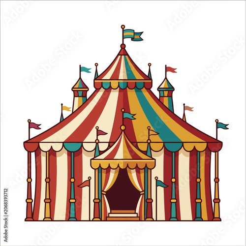 A vibrant circus tent illuminates a playful fairground