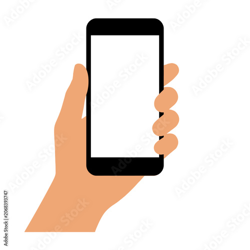 A hand holding a black smartphone with a blank white screen