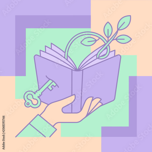 Growing knowledge: a hand holding a book with a sprouting key