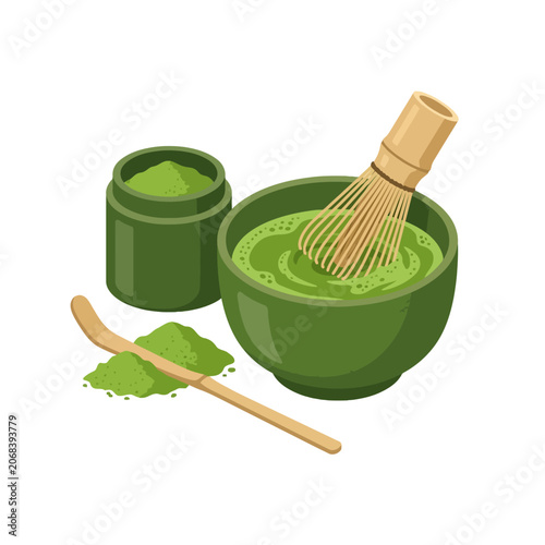 Traditional matcha green tea set with bamboo whisk and bowl
