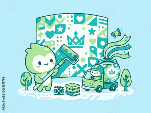 Cute cartoon characters painting a creative mural together