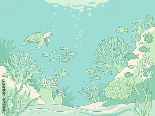 A sea turtle swims gracefully through a pastel coral reef