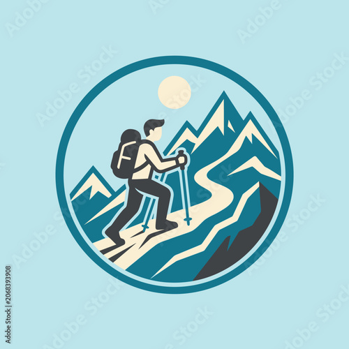 A hiker climbs a mountain path in a circular emblem
