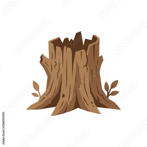 A brown hollow tree stump with small leaves on white