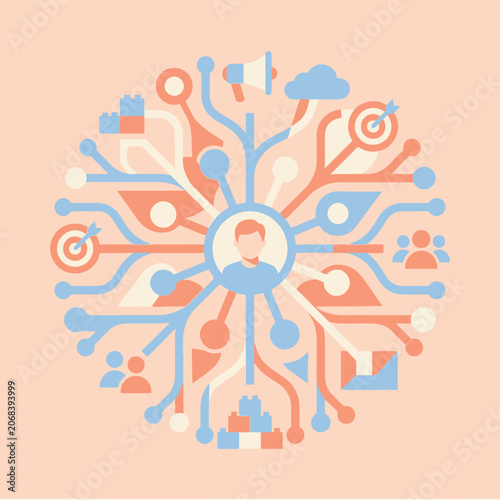 Flat vector illustration of a digital marketing network