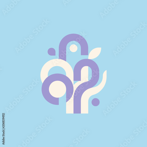 Abstract geometric forms flourish on a serene blue canvas