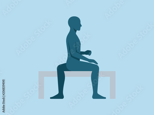 A blue silhouette of a person sitting on a grey bench