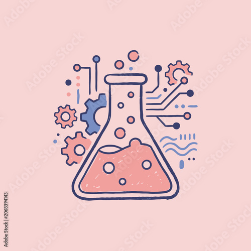 Science laboratory flask with gears and digital circuit lines