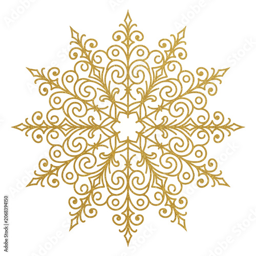 This ornamental gold snowflake features intricate swirls