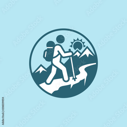 A minimalist circular icon of a hiker trekking in the mountains