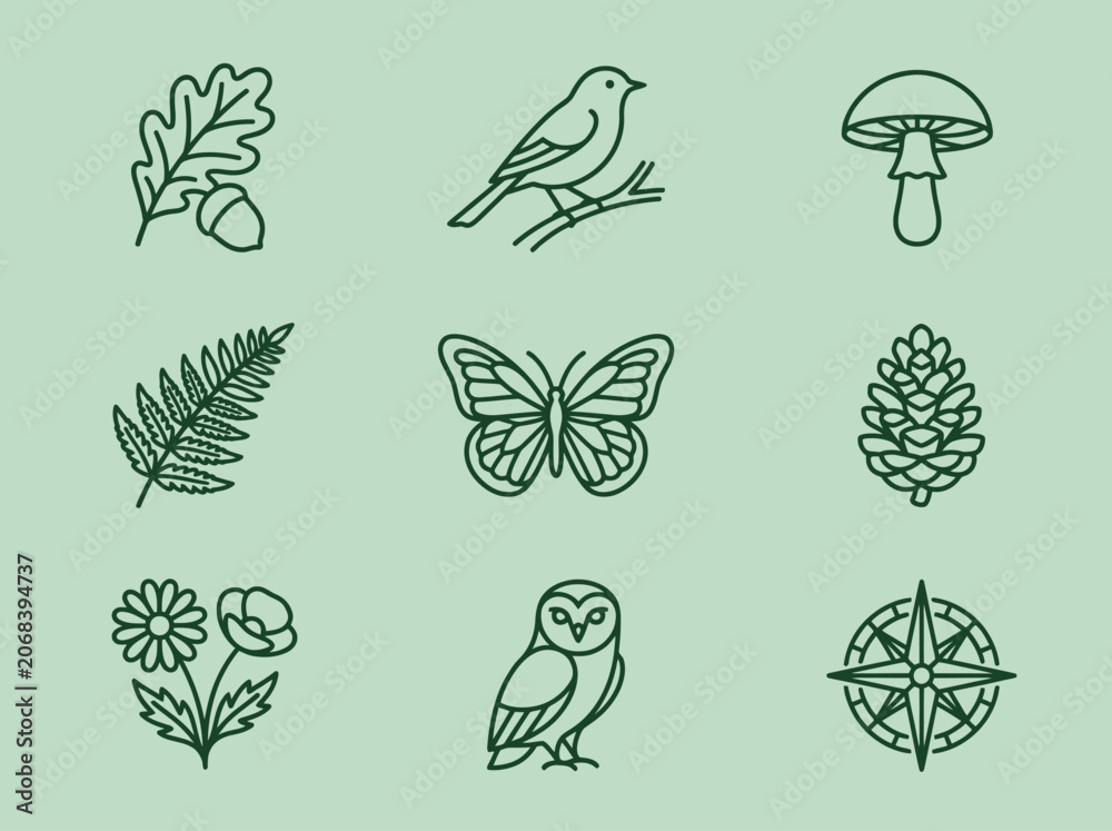 Obraz premium Minimalist Nature Line Art Icons Set featuring Forest Animals, Plants, and Outdoors Symbols