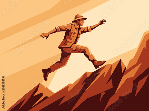 Canvastavla Minimalist Vector Adventurer Jumping Over Mountain Peaks Concept